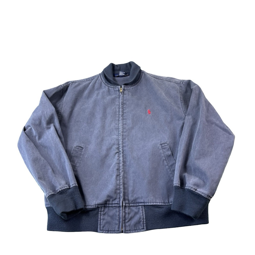 Polo Ralph Lauren Blue Canvas Wool Trim Full Zip 90s Bomber Jacket Mens Medium